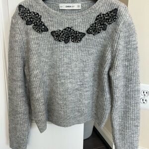 Zara Gray Crew Neck Sweater with Floral Embellishments